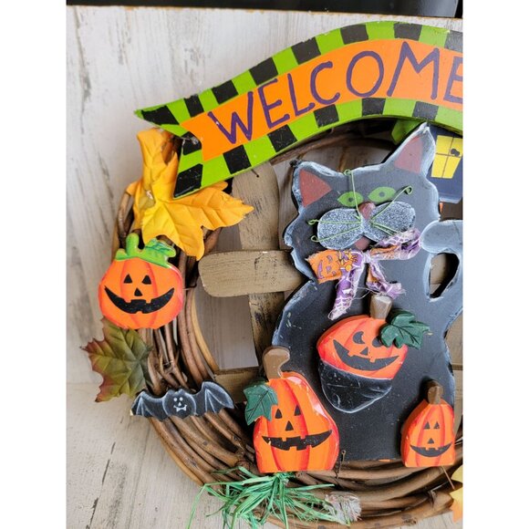 Vintage cat wreath Halloween welcome hanging home decor - Picture 2 of 11